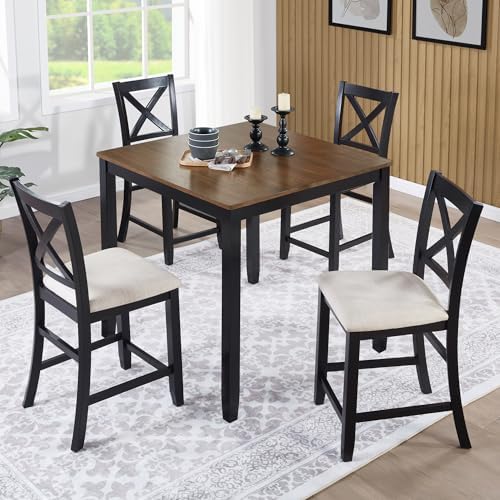 Harper & Bright Designs Counter Height Dining Table Set 5-Piece for 4, Farmhouse Kitchen Table 34.5" Square with 4 X-Back Chairs, Black & Oak for Small Space by HarperBrightDesigns
