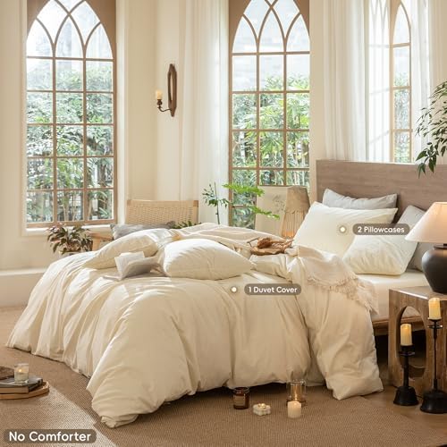 MooMee Wavy Striped Duvet Cover Set 100% Washed Cotton Linen Like Textured Breathable Durable Soft Comfy (Cream White, Queen 90"x90") - Image 2