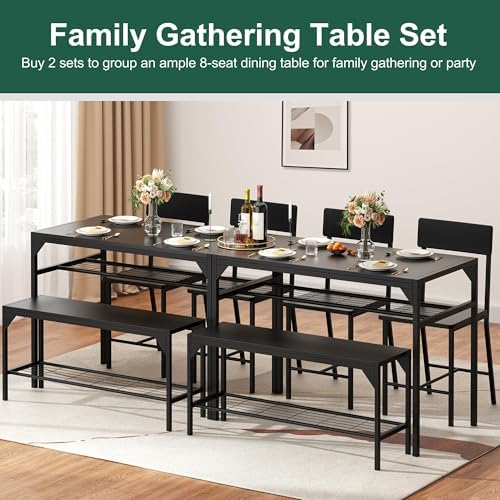 Shintenchi Dining Table Set for 4 with Bench and Chairs, Black - Image 6
