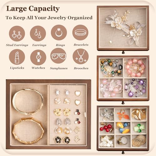 Jewelry Box for Women, Rustic Wooden Jewelry Boxes & Organizers with Mirror & Drawers,6 Layer Jewelry Organizer Box for Rings Earrings Necklaces Bracelets ((Walnut) - Image 5