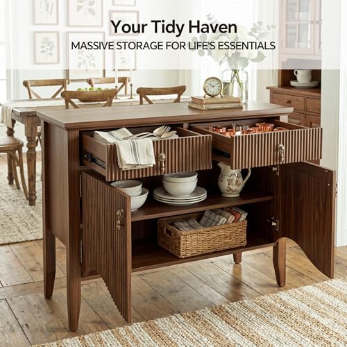 FUSUNBAO 40" Fluted Buffet Cabinet, Sideboard Credenza with Drawer,Walnut - Image 4