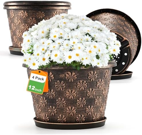 12 Inch Planter Pots for Plants, Plastic Large Flower Pots Indoor Outdoor, 4 Pack Resin Plant Pot with Drainage & Saucer, Retro Decorative Garden Pot with Removable Trays for House by FlowyypoPlantPot