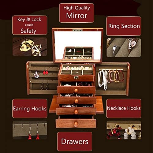 Changsuo Wooden Jewelry Box for Women, Organizer Box of Solid Wood with Lock and Key for Jewelries, Watches, Necklace, Ring, Lockable Storage Case (Cherry) - Image 5