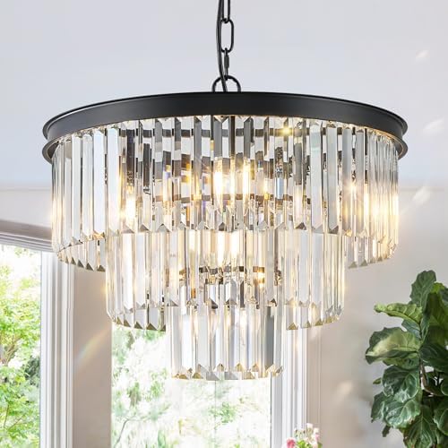 CATINER 20" Modern Crystal Chandeliers,7 Lights Black Round Light Fixture by CATINER