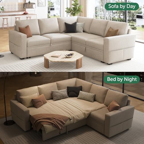 HONBAY Modular Sectional Sleeper Sofa with Pull Out Bed, L Shaped Couch with Storage Seat, Convertible Sectional Couches for Living Room, Beige - Image 3