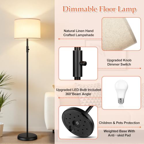 【Upgraded】 Dimmable Floor Lamp for Living Room,1000 Lumens Bulb Included, Modern Floor Lamps Simple Design with Linen Shade, Tall Standing Lamp for Bedroom Office Dining Room, Black Pole Lamp - Image 4