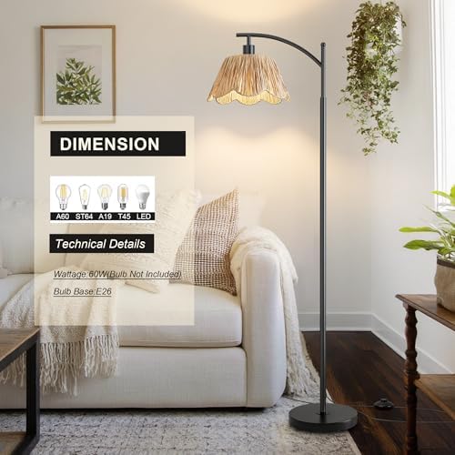 Oneach Boho Rattan Floor Lamp for Living Room, Farmhouse Standing Lamp with Hand-Woven Shade, Black Metal Base & Pole, Foot Switch - Corner Reading Lamp for Bedroom - Image 5