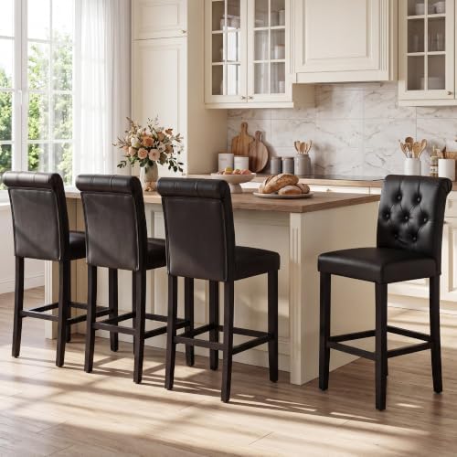 LSSBOUGHT 24 Inches Leather Counter Height Stools Set of 4 with Solid Wood Legs Bar Chairs for Kitchen lsland & Dining Room(Black,4PCS) by LSSBOUGHT