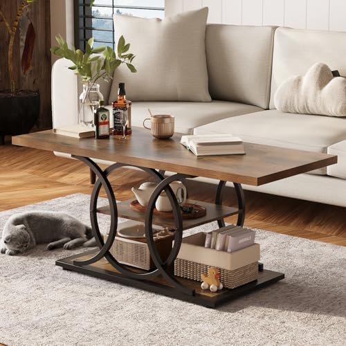 GiftGo Rustic Coffee Table with Storage Industrial 3 Tier Center Living Room Table Farmhouse Wooden Rectangle Cocktail Tea Table for Office Bedroom Elegant Full Moon Round Metal Frame (Brown, L-47) by GiftGoDirect