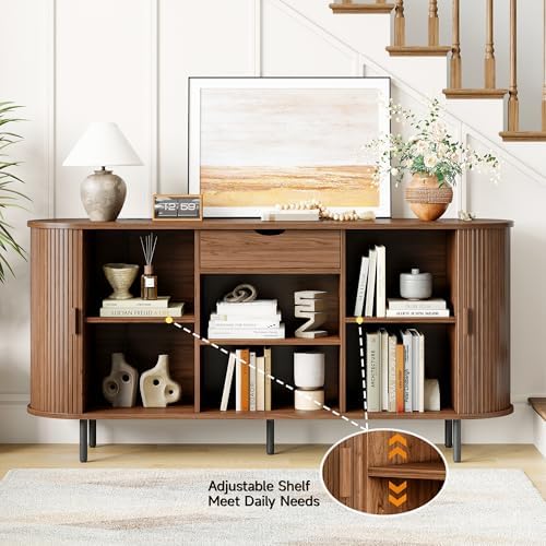 ONBRILL 63" Sideboard Buffet Cabinet with Storage Drawer & Shelves,Walnut - Image 4