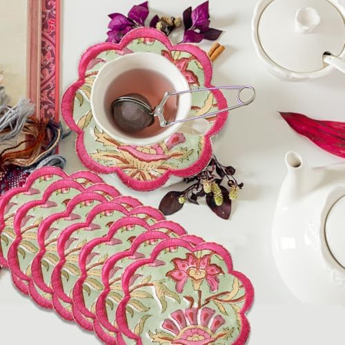 Ridhi 8-Pcs 100% Cotton Hand Block Print Drink Coasters 5" in Pistachio Green by Ridhi