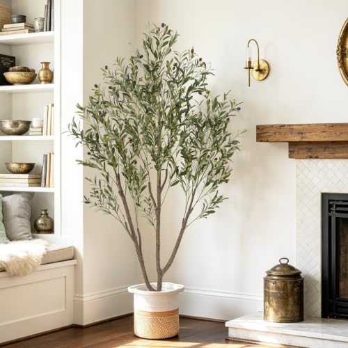 Olive Trees Artificial Indoor, 6FT Tall Faux Olive Tree with Planter & Basket, Artificial Plants with Natural Wood Trunk and Lifelike Fruits for Home Office Decor - Image 5