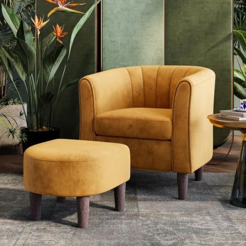 LINSY Accent Chair with Ottoman, Modern Barrel Chair Small Armchair Reading Chair with Footrest, Comfy Round Arms Chair for Living Room Bedroom Reading Room, Velvet, Yellow by Linsy