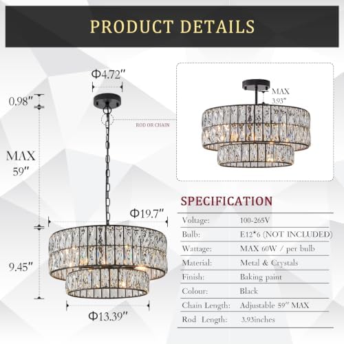 CATINER Black Crystal Chandelier 20" 6-Light Modern Semi Flush Pendant - Image 3