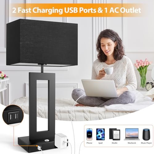 27.2’’ Tall Black Table Lamps for Living Room Bedroom, Bedside Touch Control Lamps with 2 USB Ports&AC Outlet, 3 Color Temp.&Stepless Dimming Desk Lamp Sets for Home Office, Pre-assembled Black Shade - Image 5