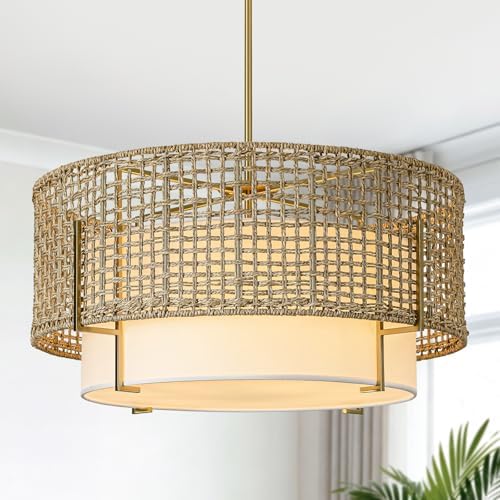 25.6" Large Rattan Chandelier, 6-Light Boho Rustic Pendant Light Fixture by SupMaka