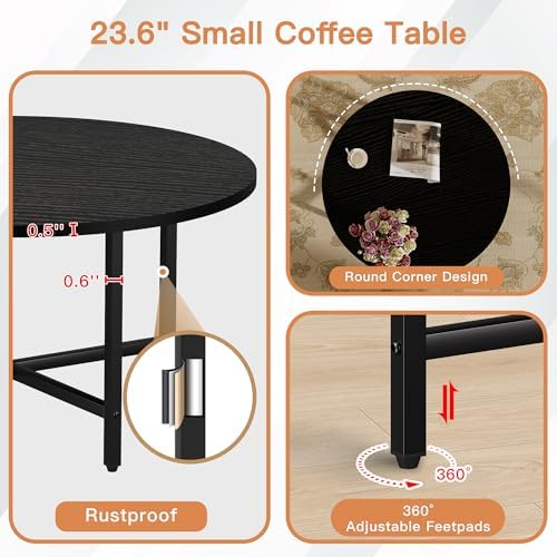 FAMIDGE Coffee Table, 23.6" Round Coffee Table, Black Living Room Tables - Image 6