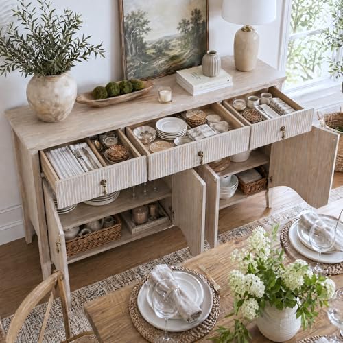 FUSUNBAO 57" Fluted Sideboard Buffet with Storage, 4 Doors & 3 Drawers, Oak - Image 4