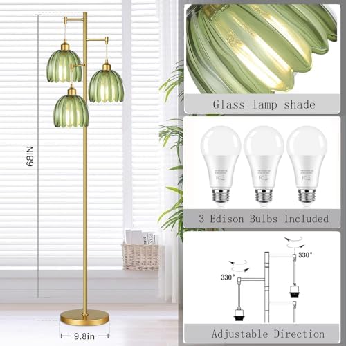 QIYIZM Gold Floor Lamp for Living Room,Bedroom,Mid Century Modern Standing Lamp Brass Tree 3 Light Tall Floor Lamps Vintage Retro Floor Lights Glass Green Flower Lamp Shade Farmhouse Boho Bohemian - Image 5