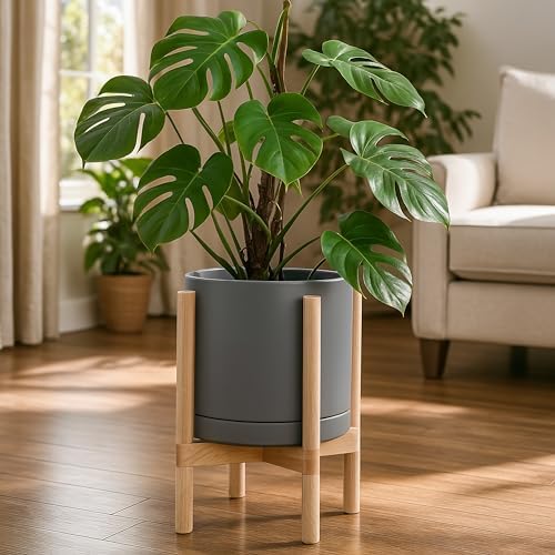 D'vine Dev Ceramic Pot with Natural Wood Stand, Grey, 12 in, 55-B-J-3 - Image 6