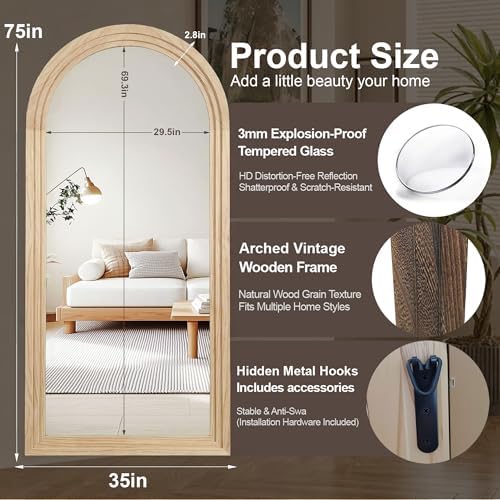Delma Arched Full Length Mirror with Stand, 75x35 Natural Wood Floor Mirror - Image 4