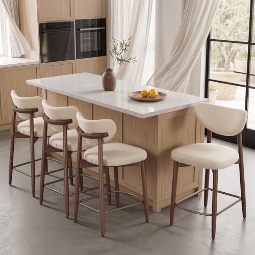 VASAGLE Wooden Bar Stools Set of 4, Linen-Look Fabric, Cappuccino Beige by VASAGLEbySONGMICSHOME