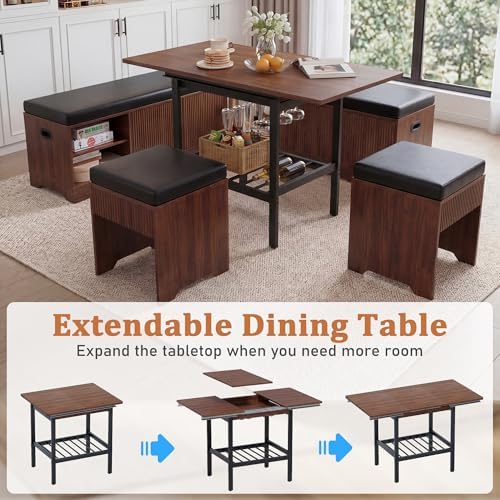 Extendable 6-Piece Breakfast Nook Set with Storage Benches & Stools, Corner Dining Table Set with Wine Glass Holder, Space-Saving Kitchen Table for Indoor/Outdoor Use (Walnut+Black Cushion) - Image 2