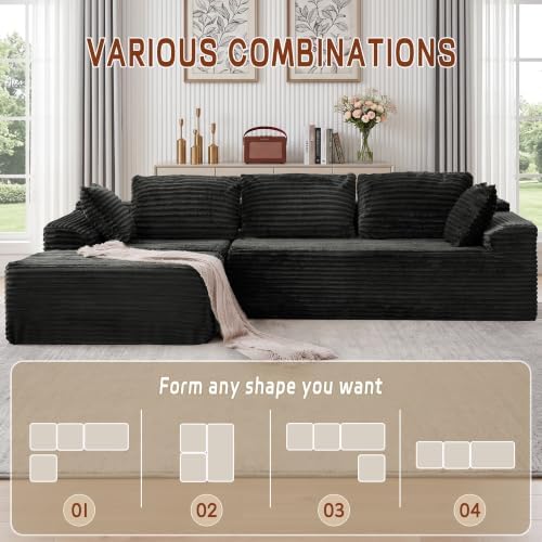 Korser 110" Boneless Modular Sectional Sofa with Chaise, L-Shaped Comfy Corduroy Fluffy Couch with Deep Seat and Side Pockets, Flexible Module Combination for Living Room, No Assembly, Side Pockets - Image 3