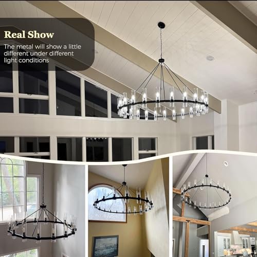 Black Wagon Wheel Chandelier, 48" Modern Chandeliers with Glass Shade, 16-Light Large Chandelier for High Ceiling, Farmhouse Chandeliers for Dining Room, Living Room, Foyer, Stairway(Bulbs Included) - Image 5