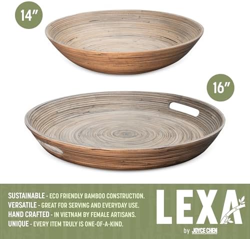 LEXA 2-Piece Handcrafted Bamboo Entertaining Set, 16” Serving Tray with Handles & 14” Salad Bowl, Spun Bamboo Serveware for Hosting, Everyday Dining & Home Décor (Black) - Image 2