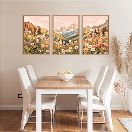 LHIUEM Large Abstract Colorful Mountain Framed Canvas Wall Art,Boho Pink Flower Wall Decor, Nature Wildflower Wall Painting,Bohemian Artwork for Living Room,Bedroom,Dining Room,Office -16"x24"x3 - Image 3