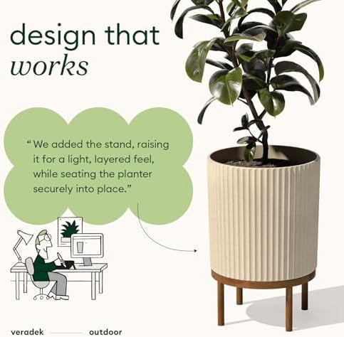 Veradek Demi Series Round Planter w/ Stand for Porch/Patio | Durable Plastic-Concrete & Wooden Stand | Modern Décor for Tall Plants, Flowers - Image 5