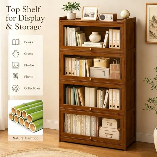 55" Bamboo Bookcases,Book Shelfs with Acrylic Doors,Freestanding Display Storage Shelves for Collectibles,4 Tier Tall Bookshelfs & Bookcases for Living Room Bedroom Home Office - Image 5