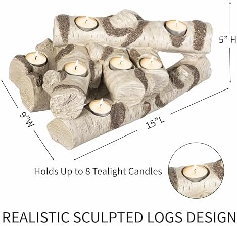 Plow & Hearth Faux Birch Fireplace Candle Holder, Resin Log Insert for Fireplace Decor, Holds 8 Fireplace Candles for Inside Fireplace, Cozy Living Room Fireplace Decorations - Image 3
