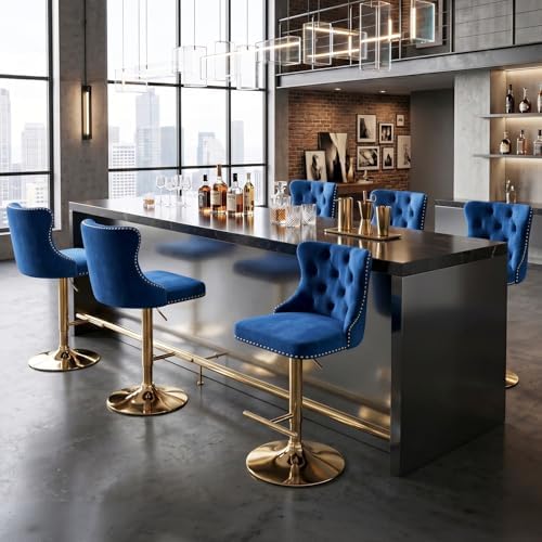 SoarFlash Velvet Bar Stool Set of 6, Adjustable Swivel Bar Stools with Gold Plated Metal Leg, Button Tufted, Footrest, Chrome Nailhead, Counter Height Chair for Kitchen, Bar, Dining Room (Blue) by SoarFlash