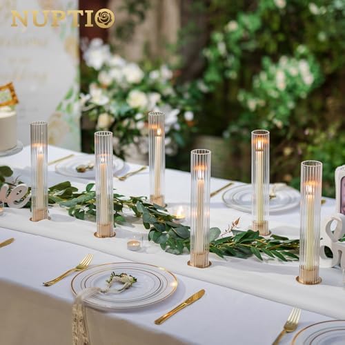 NUPTIO Hurricane Glass Candle Holders, Set of 18 Gold Taper Candle Holders - Image 2