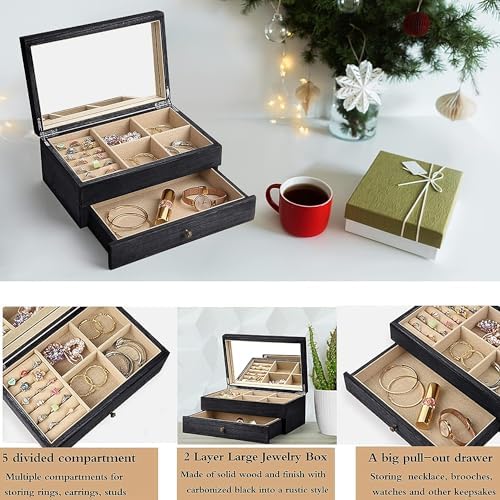 Meangood Jewelry Box Organizer for Women, 2 Layer Large Jewelry Storage Case, Rustic Wooden Jewelry Box with Mirror & Ring Tray for Necklace Earring Bracelets Rings, Vintage Style (Black) - Image 2