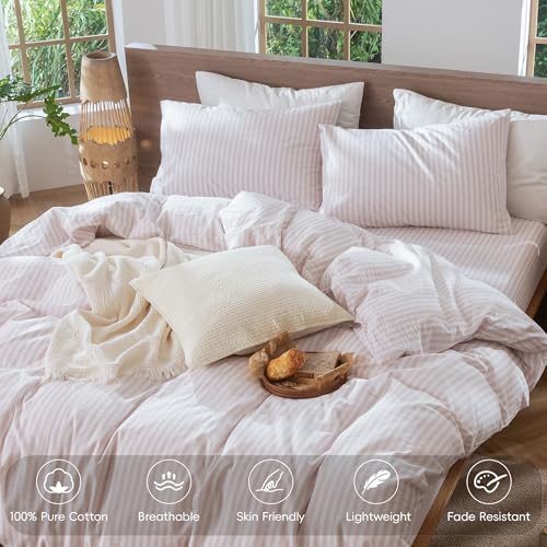 MooMee Striped Duvet Cover Set 100% Washed Cotton Linen Like Twin - Image 4