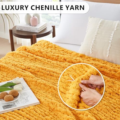 L'AGRATY Chunky Knit Throw Blanket for Couch, 60 x 80 Inches Mustard Yellow - Image 3