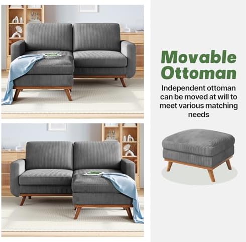 Vesgantti 68" Loveseat Sofa with Movable Ottoman, Comfy Corduroy Couch with Spring Cushion, Sofa Couch with Solid Wood, Modern Office Sofa with Deep Seat for Living Room and Bedroom, Dark Gray - Image 3