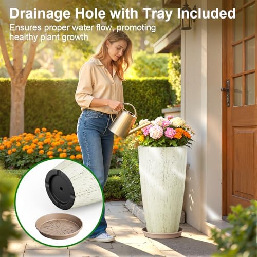 QCQHDU 21 inch Tall Planters for Outdoor & Indoor Plants, 2 Pack Sturdy Plant-Flower-Tree Pots for Front Porch Patio Deck Living Room Decor - Image 5