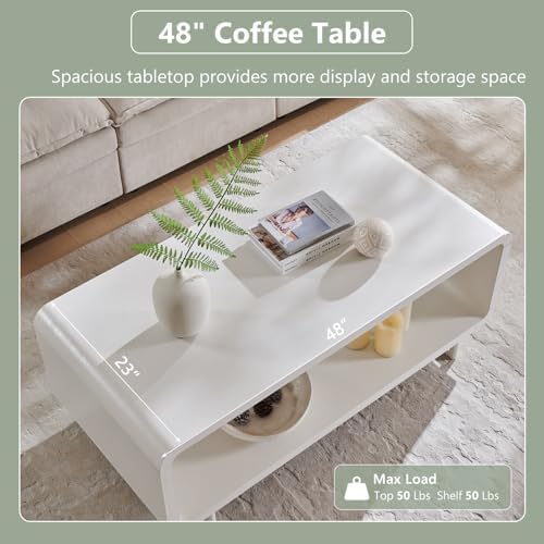 IFGET 48" Modern Coffee Table, 2-Tier Minimalist Curved Center Table, White - Image 4