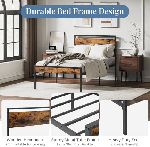 Sweetcrispy Twin 14 Inch Bed Frame with Wood Headboard, Rustic Brown - Image 4