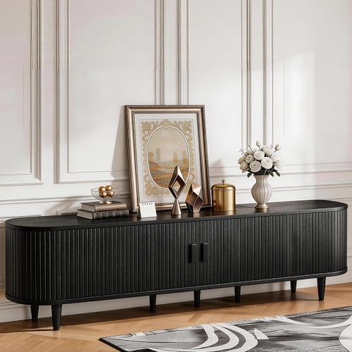 MXV 80" TV Stand with Sliding Doors for Living Room, Mid Century Modern Entertainment Center, TV Console with Fluted Door Cabinets and Power Outlet, Black - Image 6