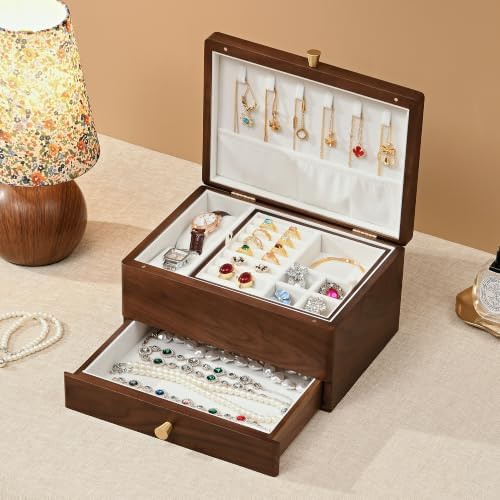 Black Walnut Wooden Jewelry Box for Women, 3 Layer Organizer with Drawer - Image 2