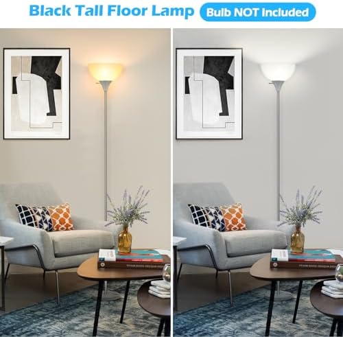 Coucrek Floor Lamp, LED Standing Lamps with White Plastic Shade, Corner Floor Lights for Living Room Bedroom, Rotary Switch, Bulb not Included, Grey - Image 2