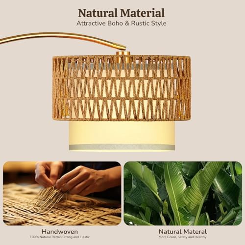 Gold Floor Lamps for Living Room, Arc Floor Lamp with Remote & Dimmable Bulb, Boho Standing lamp with 3 Color Temperatures, Adjustable Rattan & Fabric Shades Tall Lamp, Over Couch Reading Lamp - Image 2