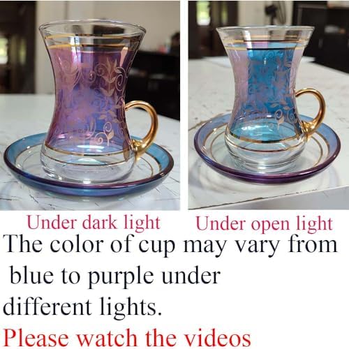 Vintage Turkish Tea Glasses Cups and Saucers Set of 6 Handle Drinkware Drink Bar Fancy Teapots Serving Glassware Drinking Kitchen Women Moroccan Persian Teacups Party Art Deco - Image 3