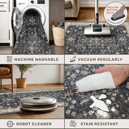 Black Modern Farmhouse 5x8 Area Rug for Living Room, Boho Large Entryway Rug, Dark Floor Carpet for Kitchen Under Small Dining Table, Bedroom - Washable Low Pile Waterproof Non Slip & Stain Resistance - Image 4