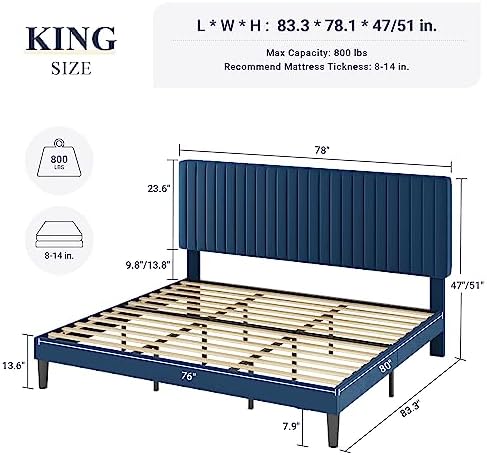 Allewie King Bed Frame, Velvet Upholstered Platform Bed with Adjustable Vertical Channel Tufted Headboard, Mattress Foundation with Strong Wooden Slats, Box Spring Optional, Easy Assembly, Navy Blue - Image 2